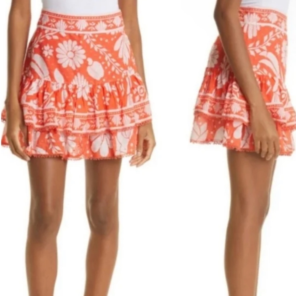 FARM Rio Orange and White Floral Ruffled A-Line Skirt